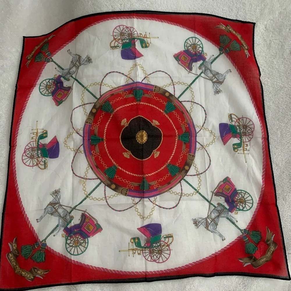 Celine Elegant Red and White Scarf/Hankerchief with Horse Carriage Design - Picture 4 of 8